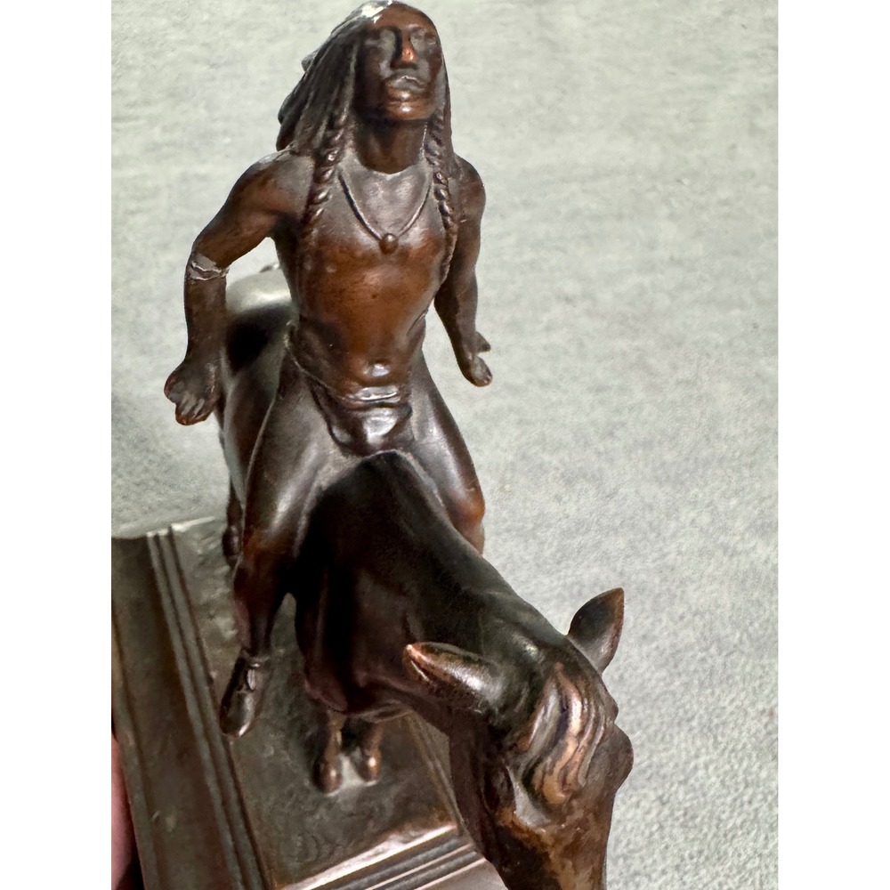 Vintage Native American Warrior on Horse Bronze Finish Sculpture Western Decor